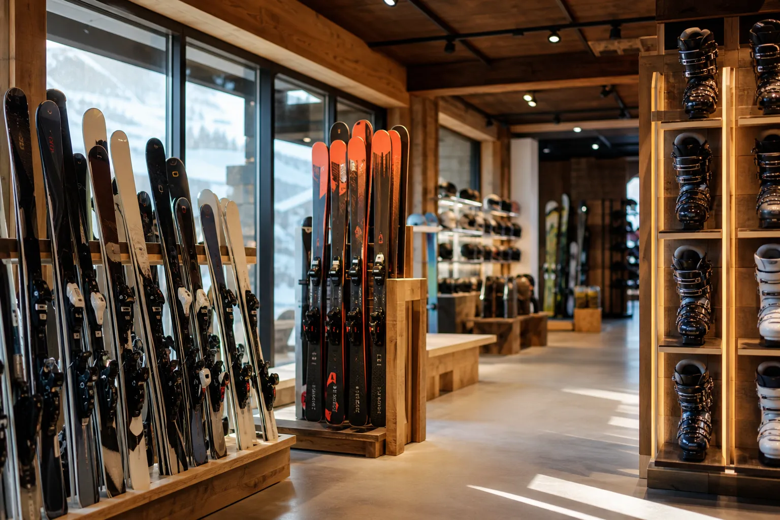 In einem modernen Sportgeschäft sind Skier, Skischuhe und andere Skiausrüstung stilvoll auf Holzregalen ausgestellt.