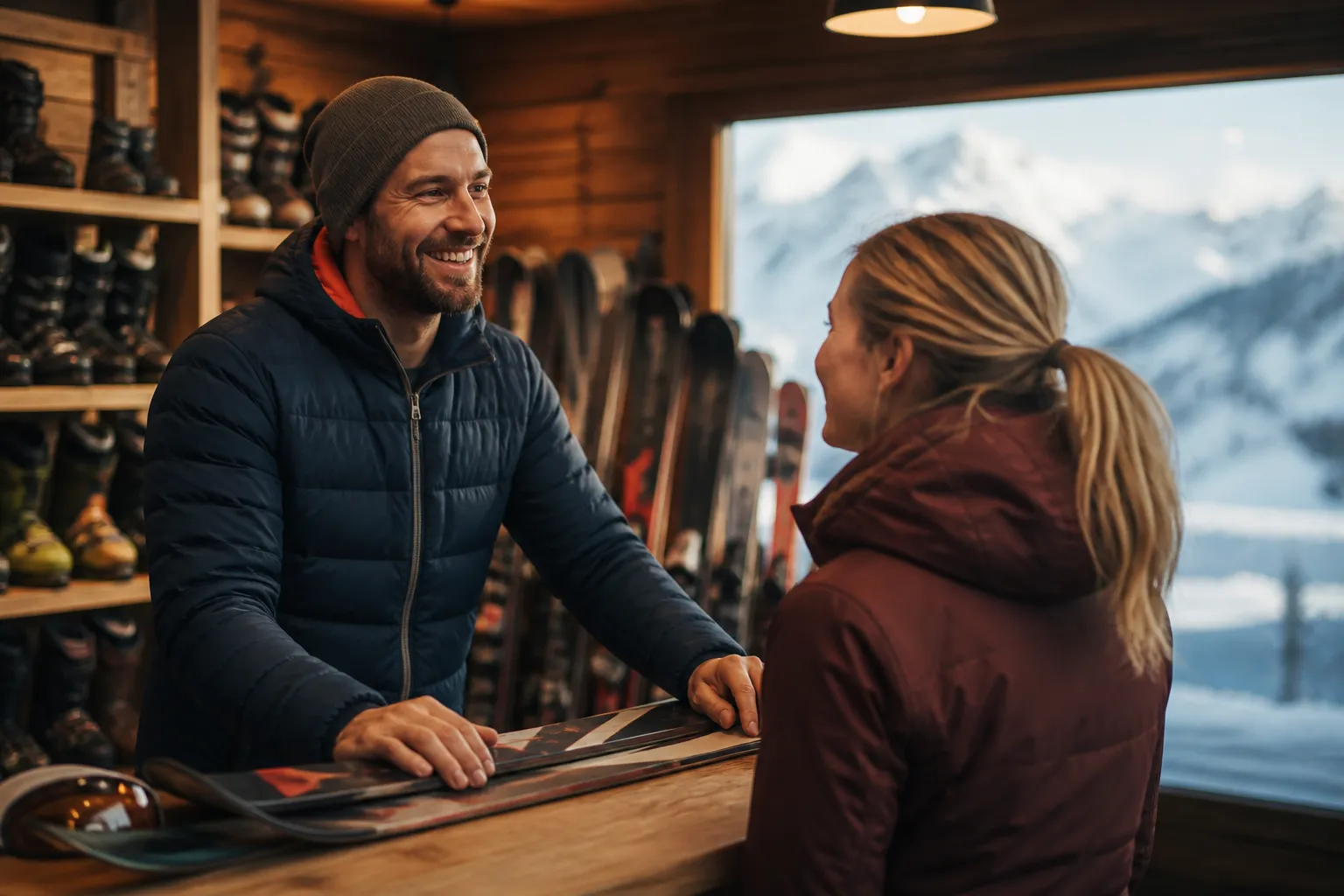Ein Mann in einer Skihütte berät eine Frau bei der Skiausleihe.
