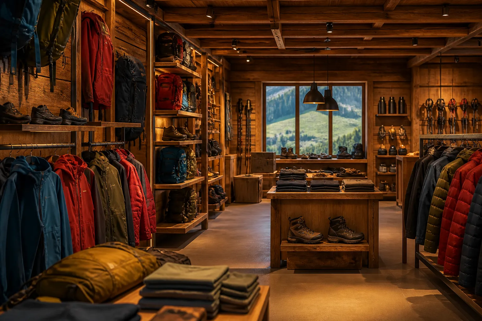 Ein gemütlicher Outdoorladen mit Wanderkleidung, Rucksäcken und Schuhen, umgeben von Holzwänden und einem Fenster mit Blick auf eine grüne Landschaft.